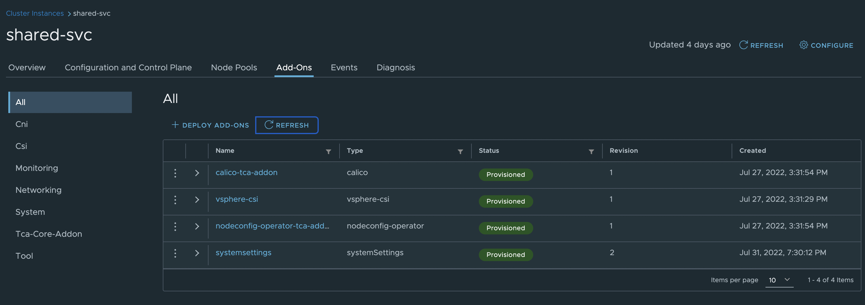 Successfully provisioned Systemsettings add-on